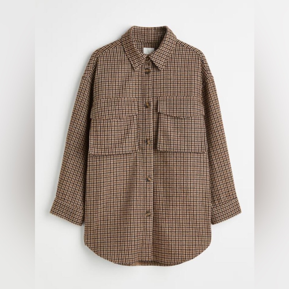 NWT H&M Wool Blend Houndstooth Brown Twill Shacket Jacket sz L